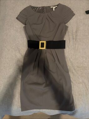 Max & Cleo Gray Midi Dress with Black Belt and Gold Buckle
